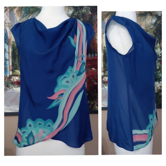Anthropologie Tops - Anthropologie Portrait of a Girl Blue Silk Cowl Neck Silk Top EUC